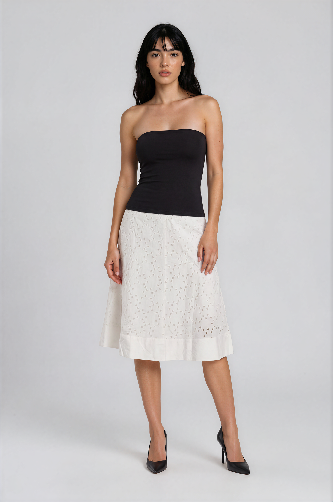 long white skirt with eyelet embroidery