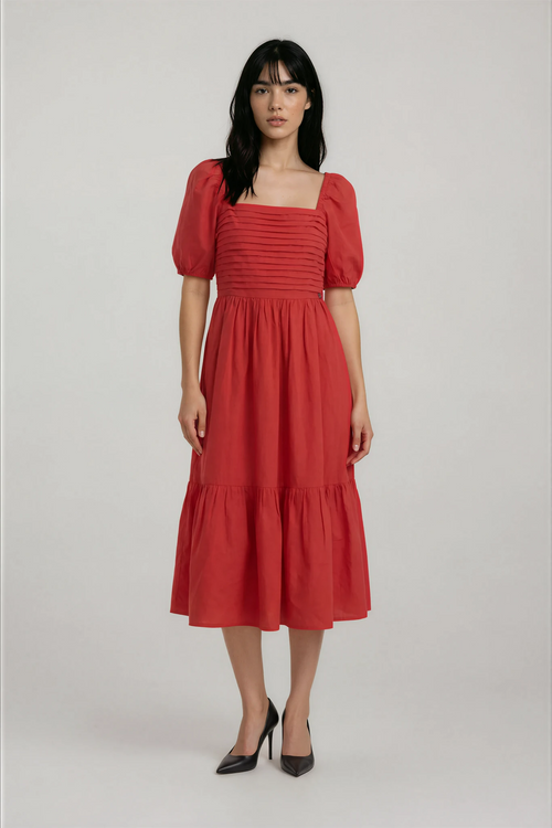 Red A Line Dress with embroidery