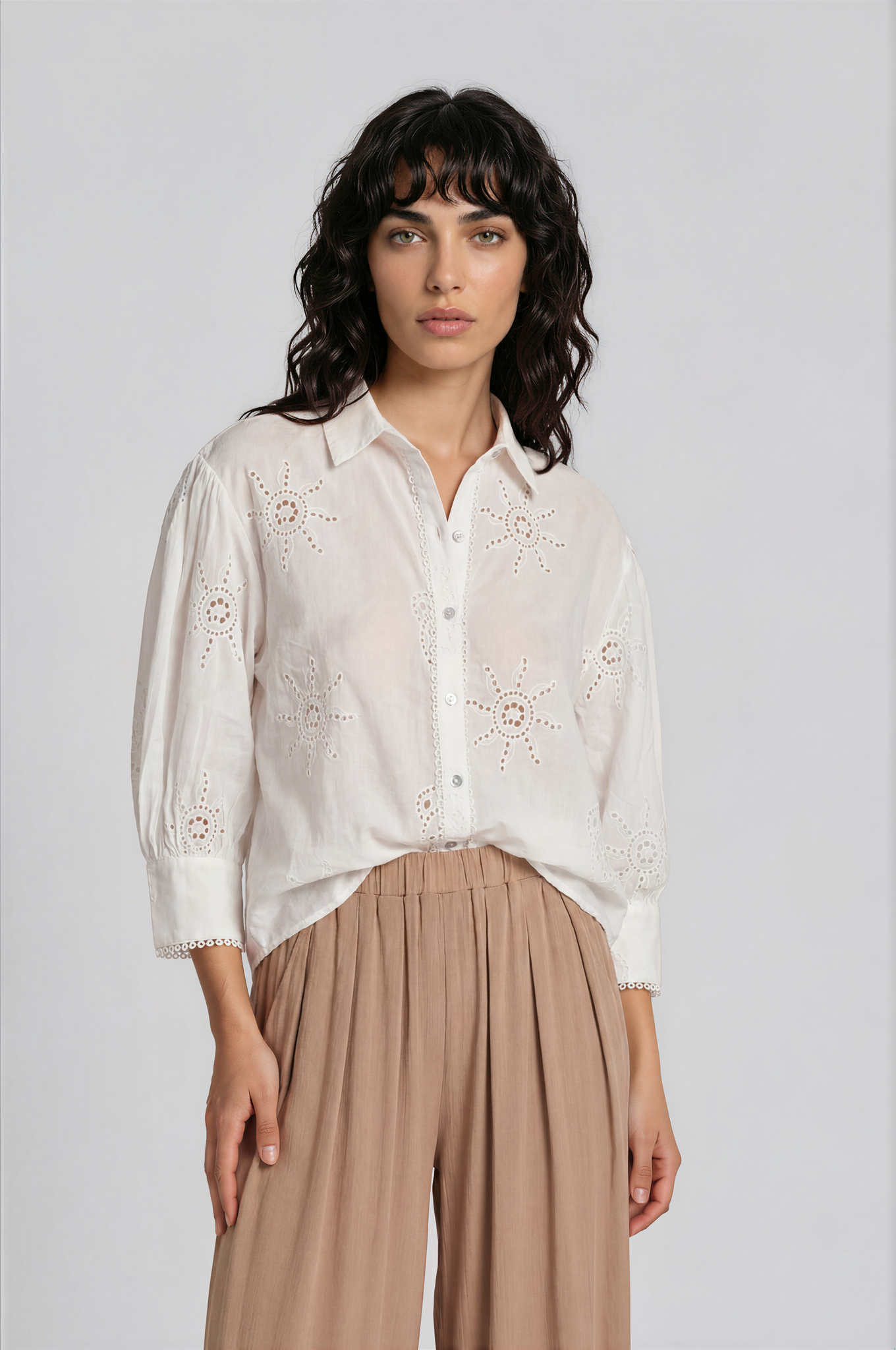 eyelet-embroidered white shirt