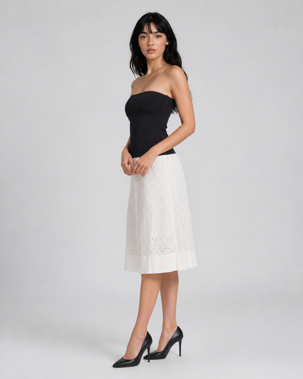 long white skirt with eyelet embroidery