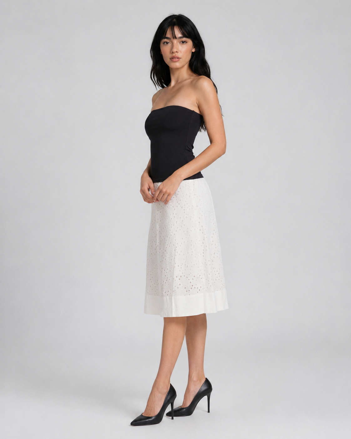 long white skirt with eyelet embroidery